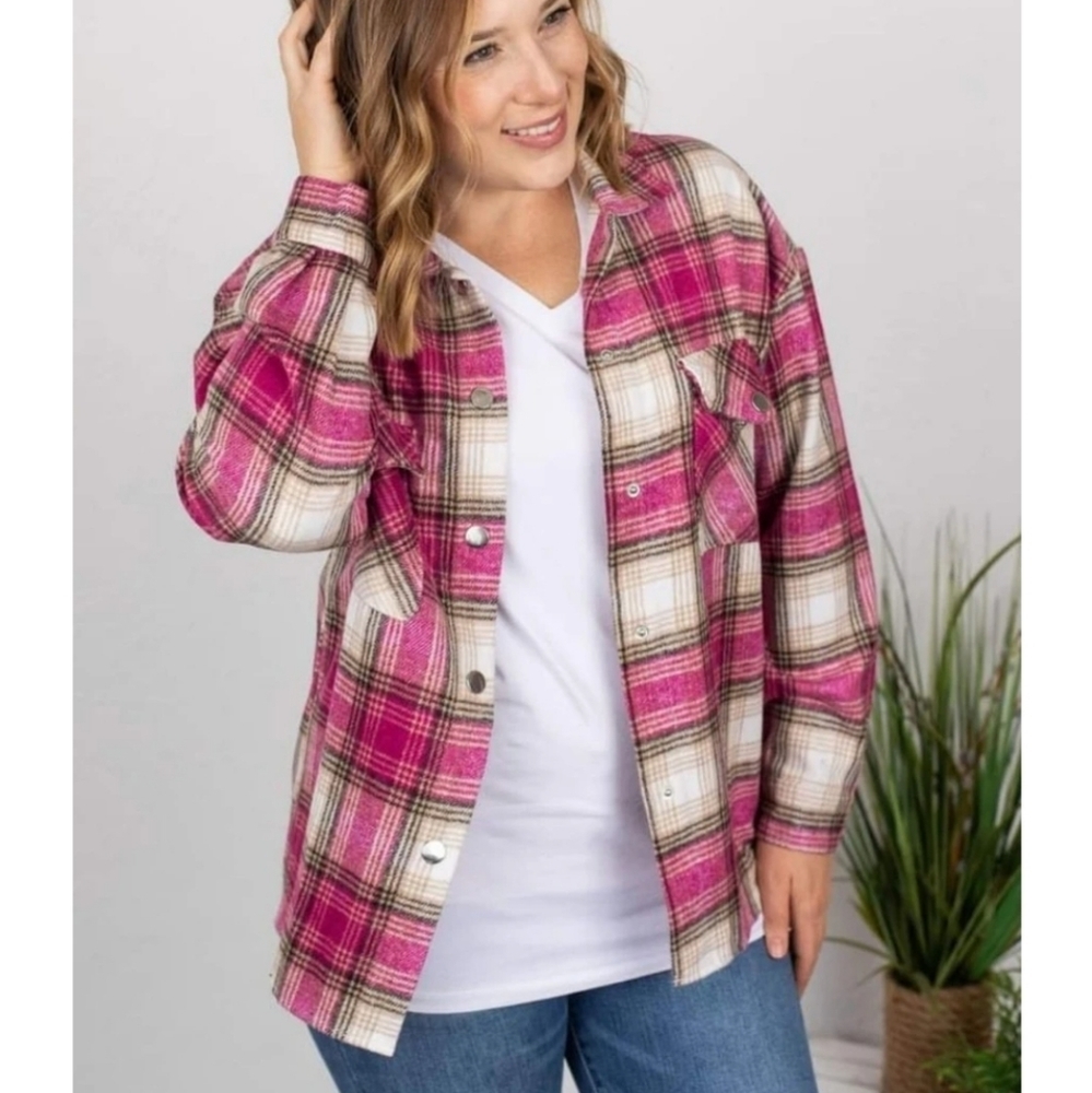 Plaid Shacket Jacket Pink Tan NWT Snap Closure
